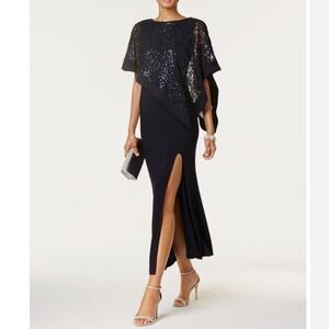 R & M RICHARDS Sequined Lace Cape Formal Gown Navy Blue Size 10P
